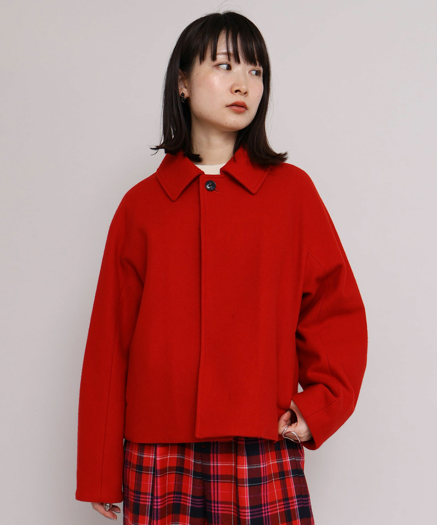 AMBIDEX Store ウールメルトン ステンカラー ショート丈 コート(F アカ