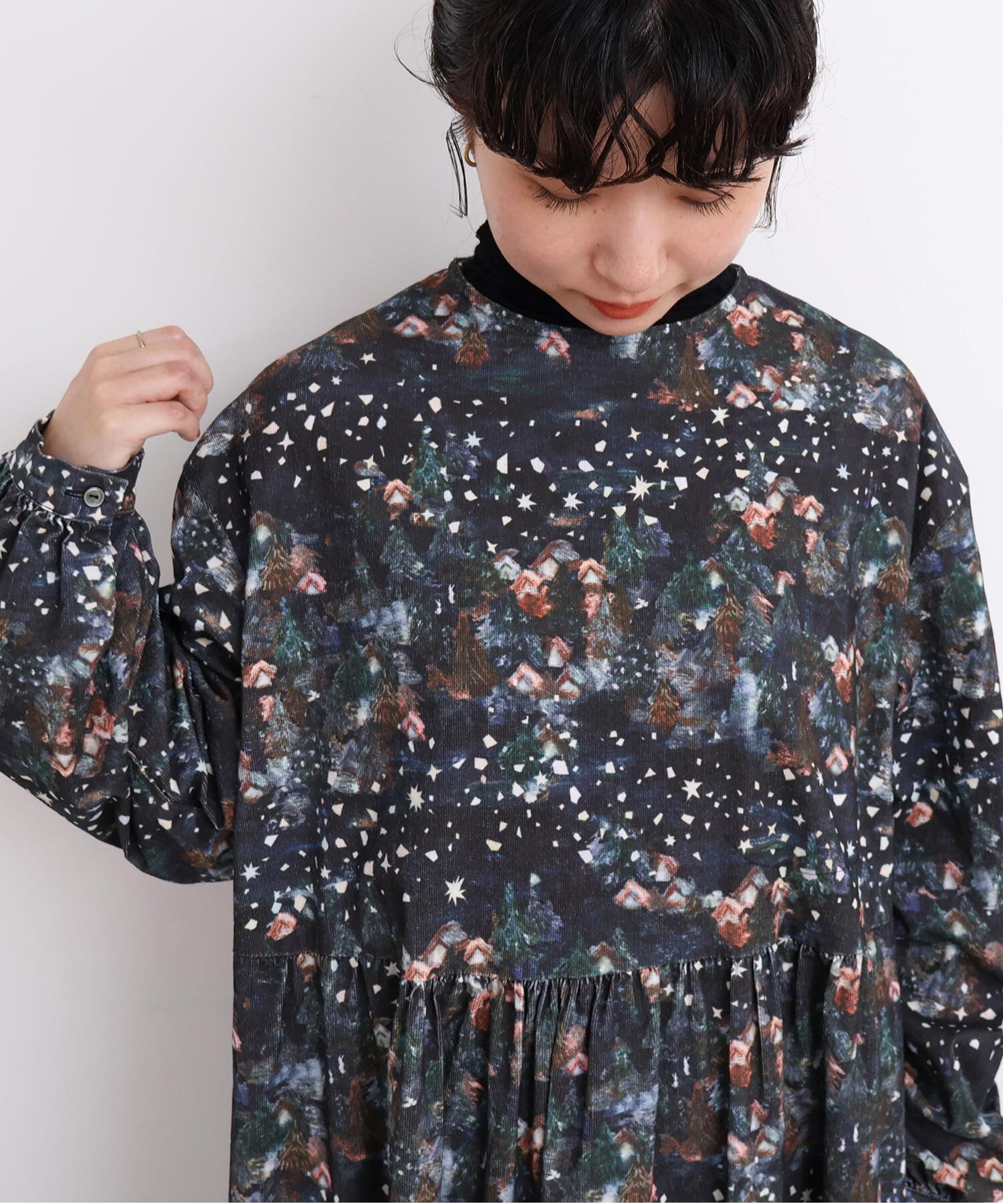 AMBIDEX Store 〇星くずと冬の街 シャツコールプリントワンピース(F