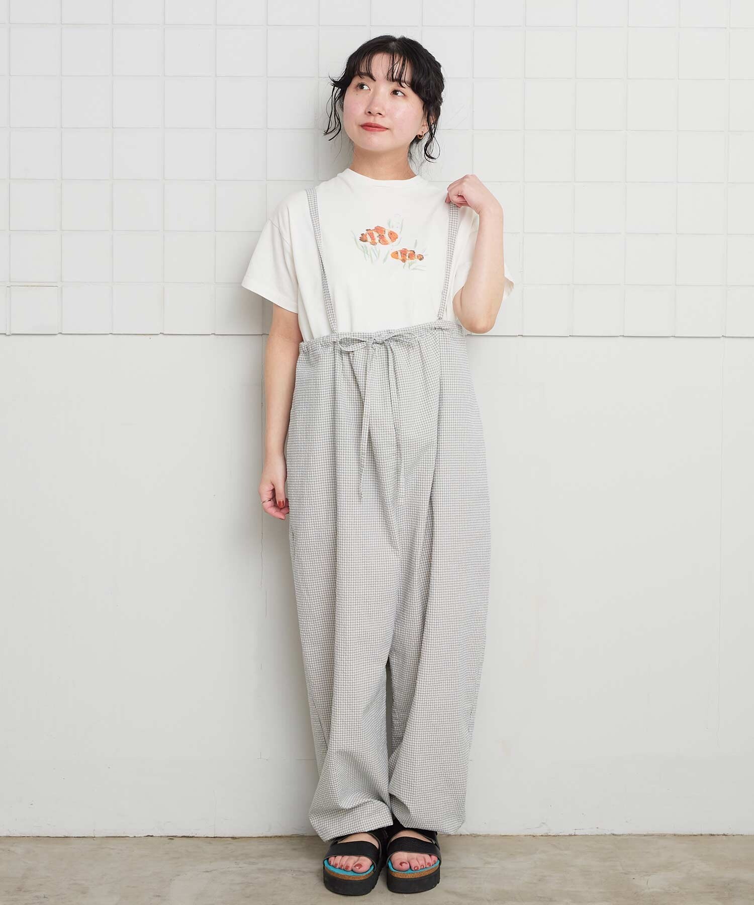 AMBIDEX Store ぽつぽつしたミニチェック 細リボンつりパンツ(F アオ