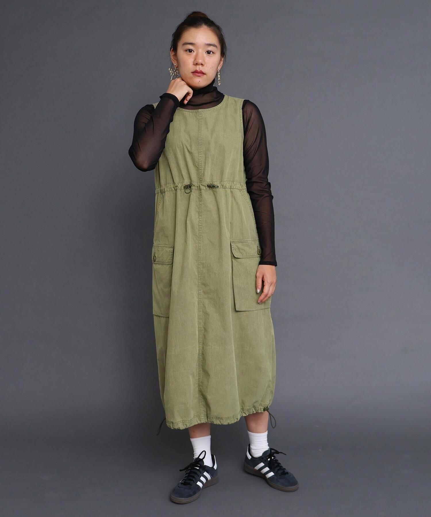 AMBIDEX Store ○〇CHEMICAL WASH ギャザーワンピース (F カーキ): l