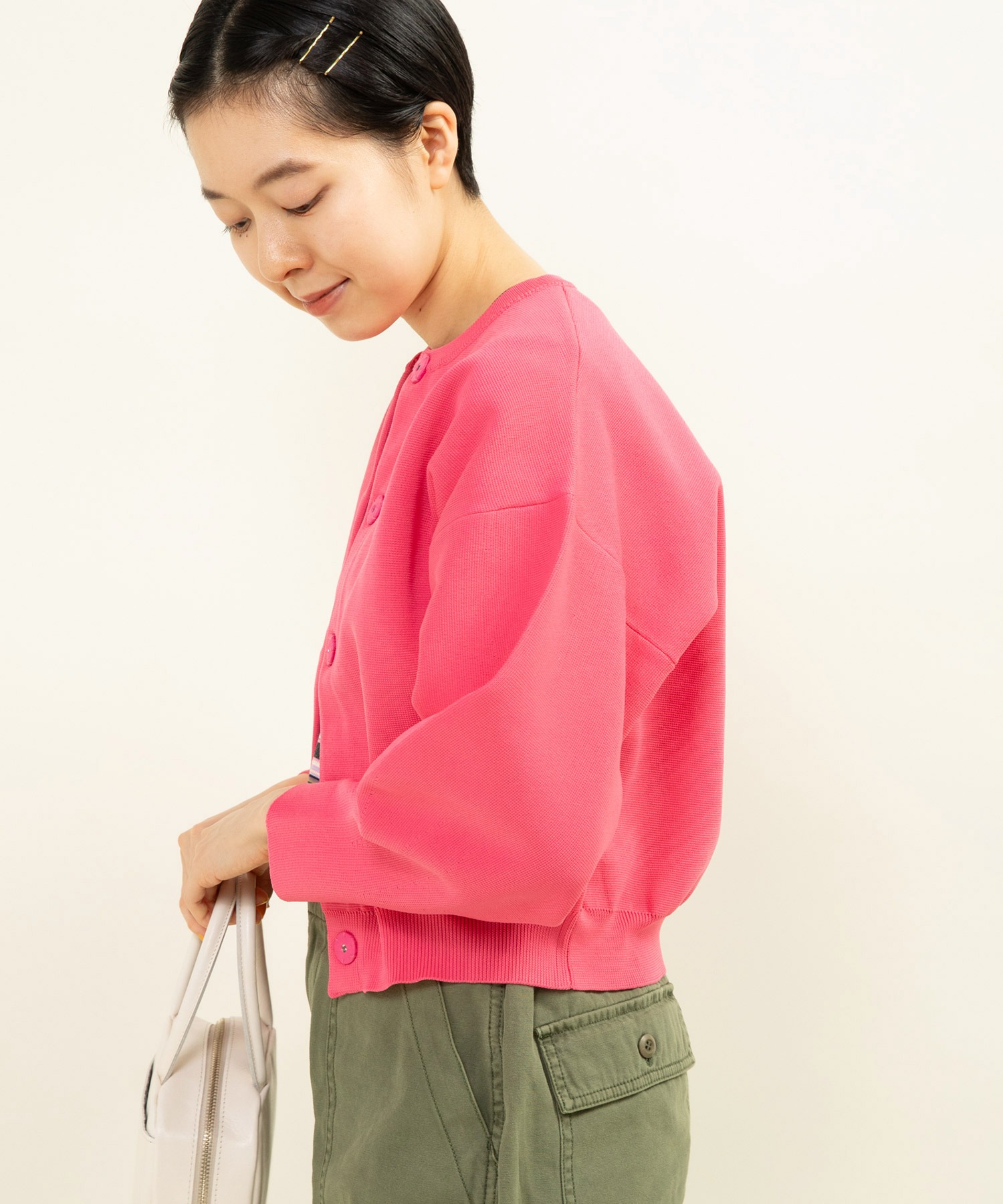 AMOSSAミラノリブパフスリーブ カーディガン