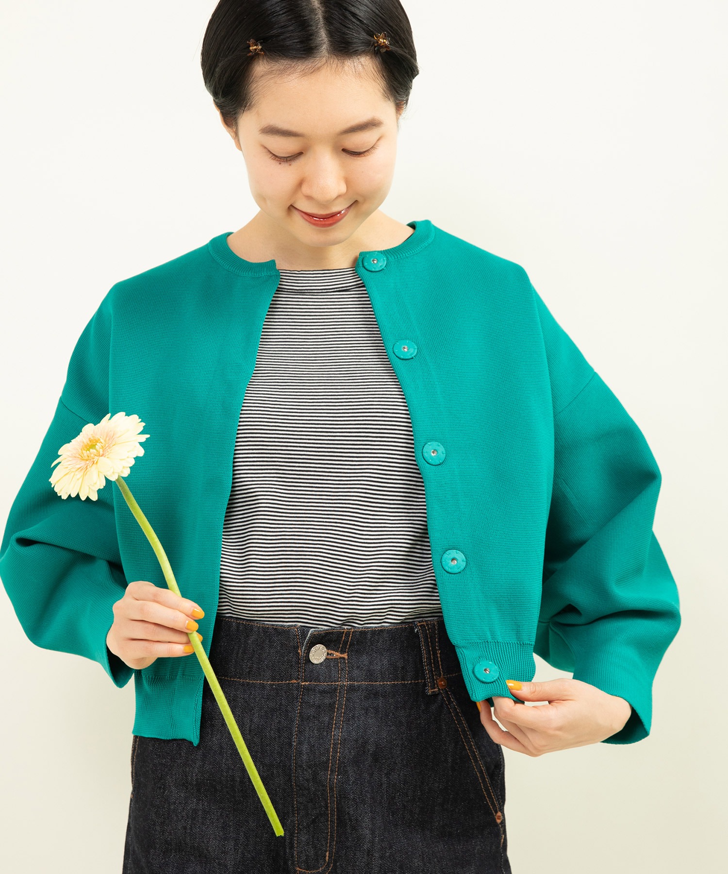 AMOSSAミラノリブパフスリーブ カーディガン