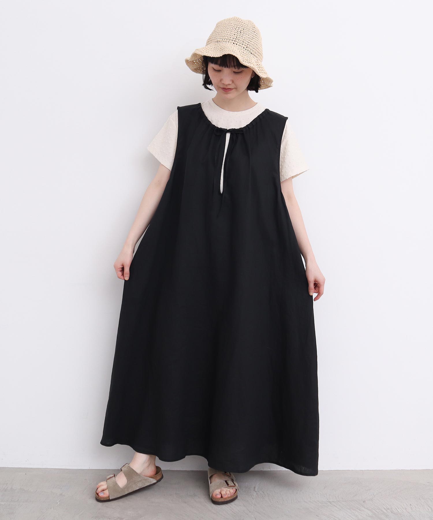 AMBIDEX Store 〇麻のしぼるリボン ノースリワンピース(F キナリ