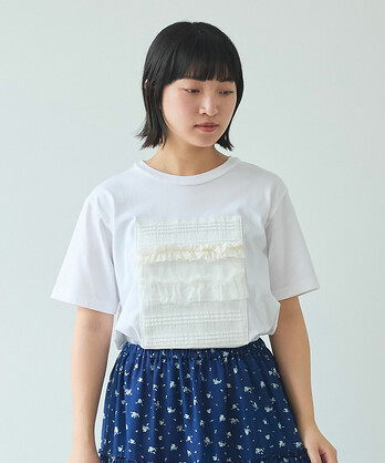 AMBIDEX Store 〇Lace×tulle パッチワーク Tシャツ(F シロ): bulle de savon