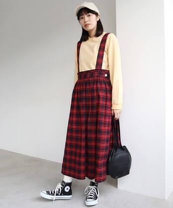 ○ウール/コットン check 吊りスカート