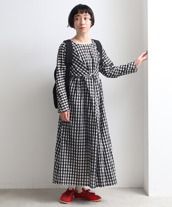 ○polyester　Cotton ginghum check  gatherd & tuck one-piece