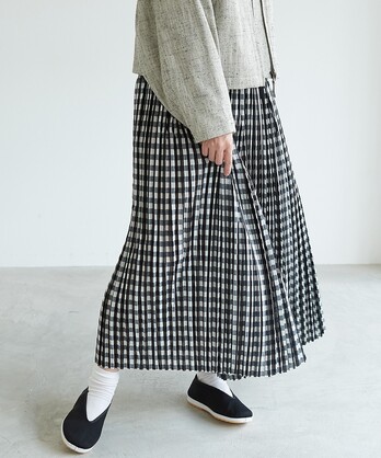 ○ギンガムチェックランダムプリーツスカート　polyester　Cotton ginghum check rundom pleated skirt