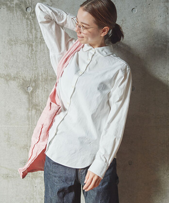 〇オックス/リップルチェック パイピング丸衿シャツ