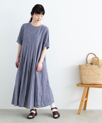 Ambidex Store 手仕事刺繍 ギンガムタックワンピース F アオ L Atelier Du Savon